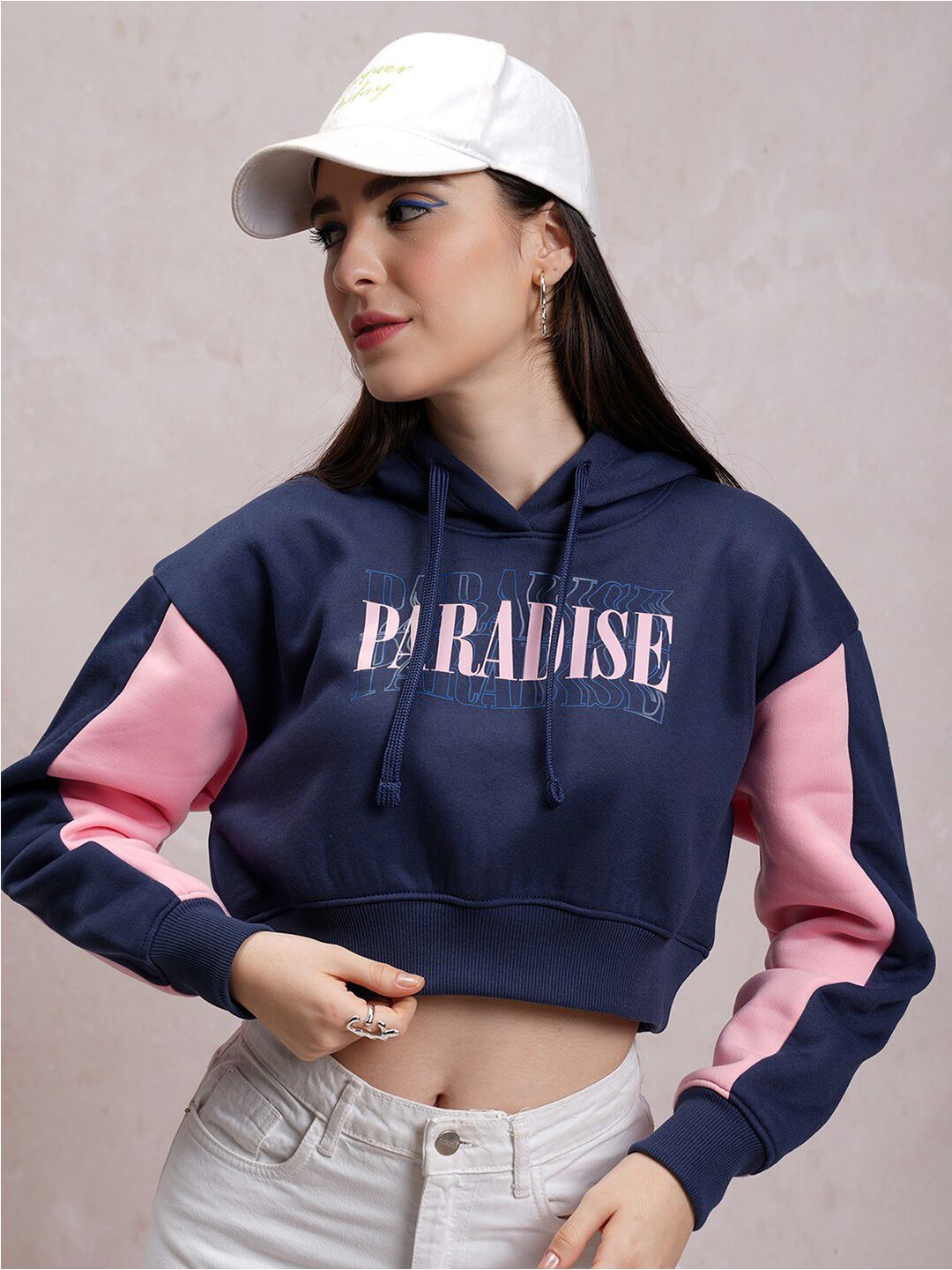 Tokyo Talkies Navy Blue Typography Printed Hooded Pullover