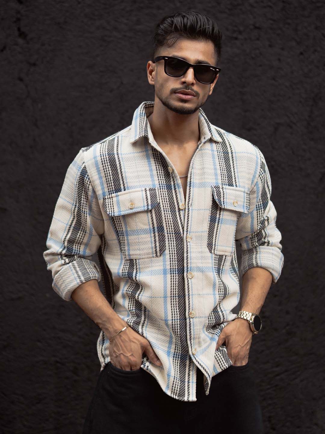 Powerlook Men Spread Collar Tartan Checked Cotton Casual Shirt