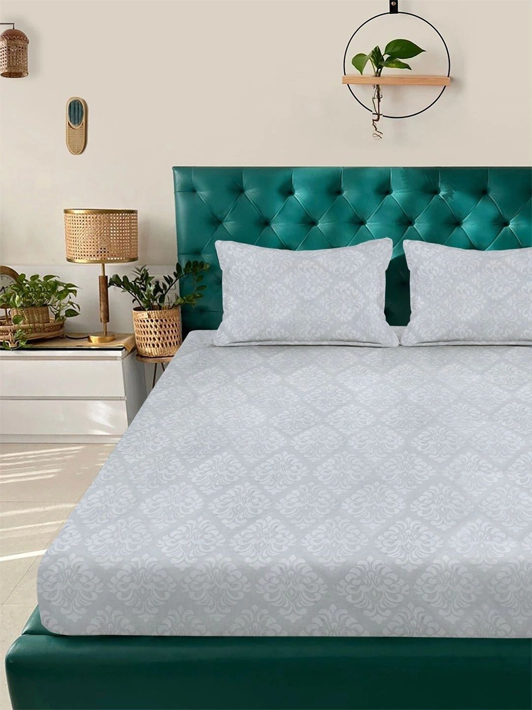 Myntra Elegant Homes Grey Floral 300 TC King Bedsheet with 2 Pillow Covers