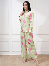 Vastralay Green Floral Printed Long Sleeves Shirt With Trousers