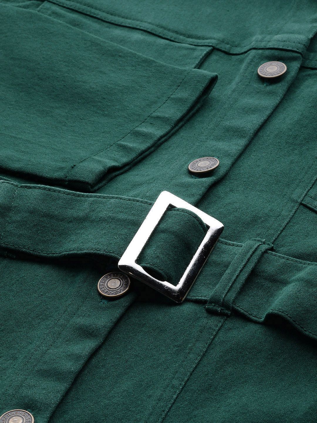 SASSAFRAS Women Green Solid Denim Jacket with Belt