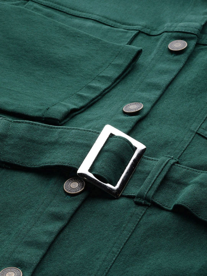 SASSAFRAS Women Green Solid Denim Jacket with Belt