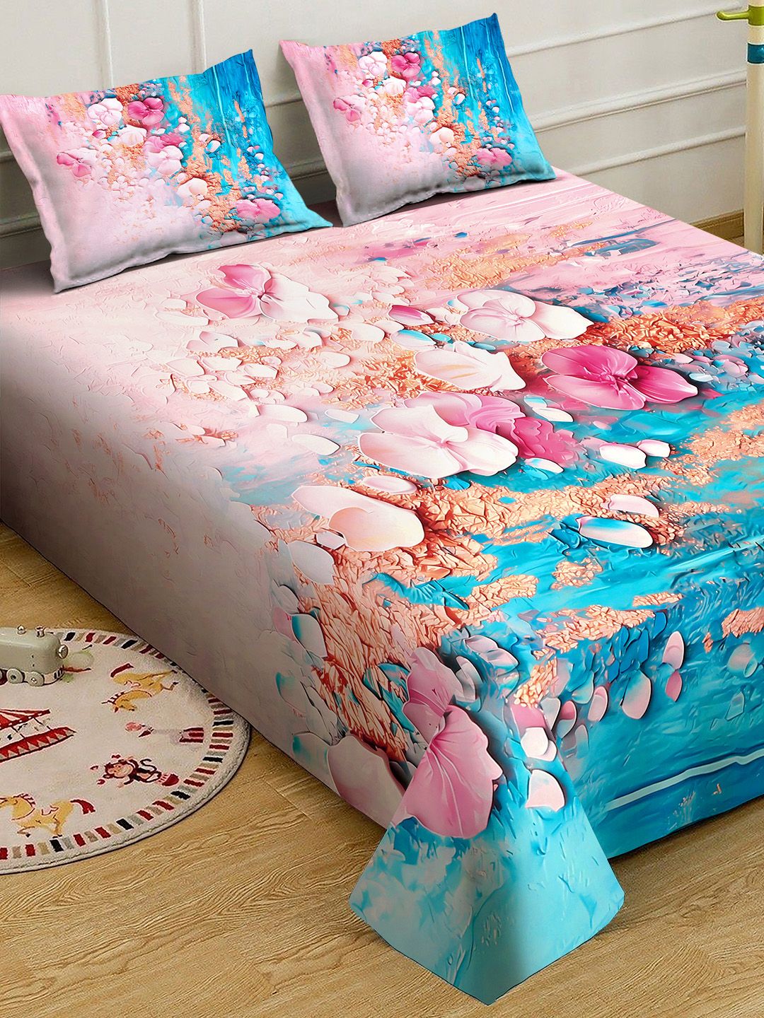 KLOTTHE Blue & Pink Floral 300 TC King Bedsheet with 2 Pillow Covers