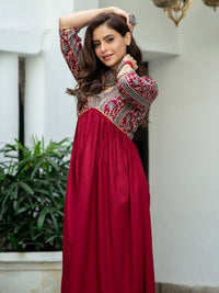 Rustorange Women Maroon & Grey Printed A-Line Dress