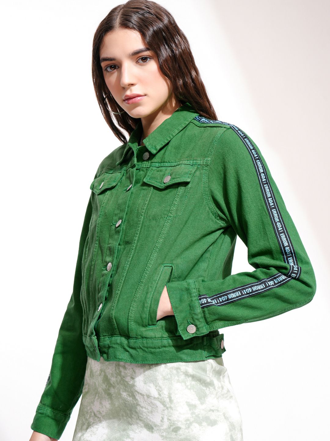Tokyo Talkies Women Green Printed Denim Jacket