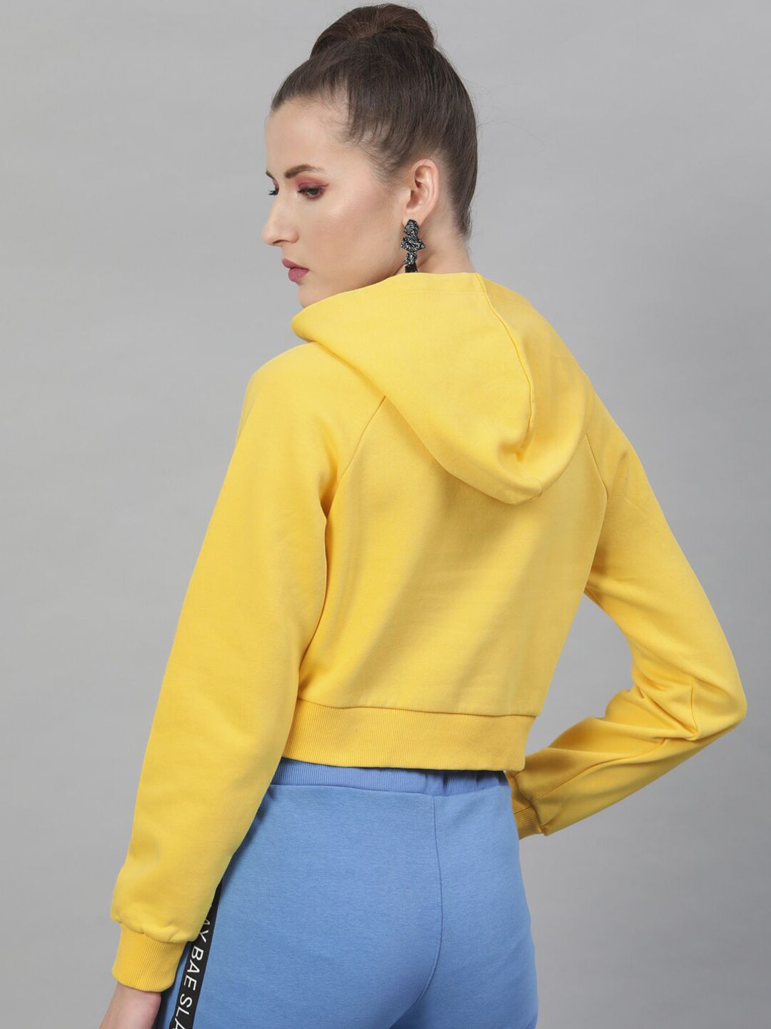 STREET 9 Women Yellow Printed Crop Hooded Sweatshirt