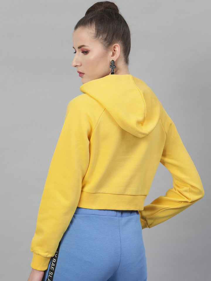 STREET 9 Women Yellow Printed Crop Hooded Sweatshirt