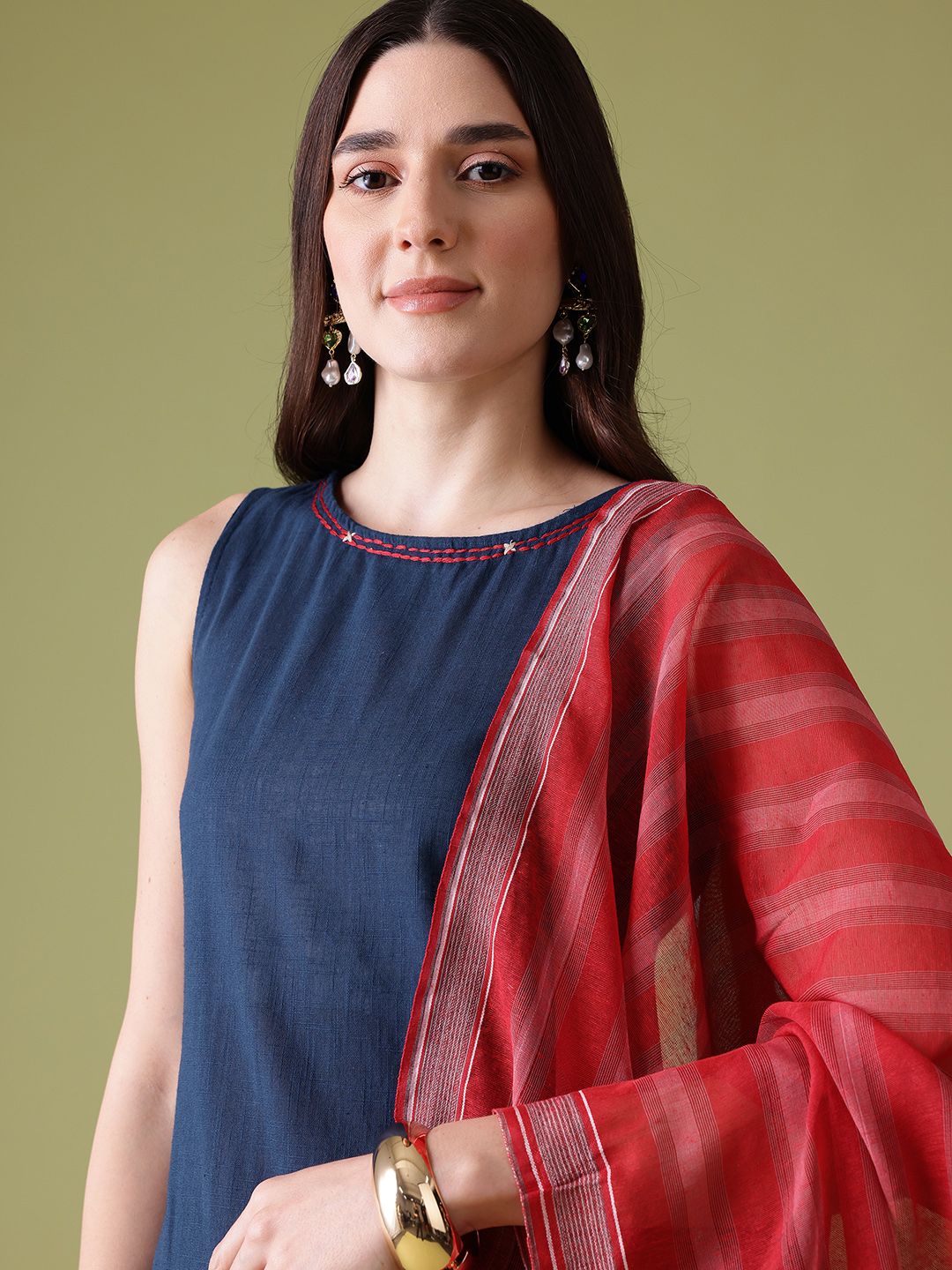 Anouk Sequinned Cotton Kurta with Palazzos & Dupatta