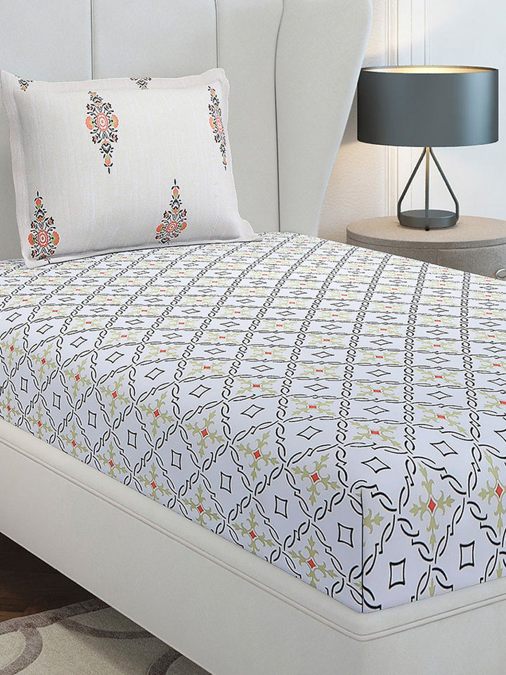 Monte Carlo Grey & White Ethnic Motifs Cotton 144 TC Single Bedsheet Set-2.29 m x 1.52 m