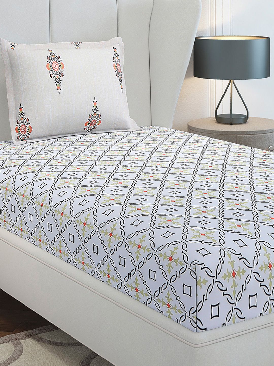 Monte Carlo Grey & White Ethnic Motifs Cotton 144 TC Single Bedsheet Set-2.29 m x 1.52 m