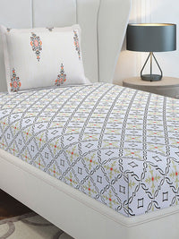 Monte Carlo Grey & White Ethnic Motifs Cotton 144 TC Single Bedsheet Set-2.29 m x 1.52 m