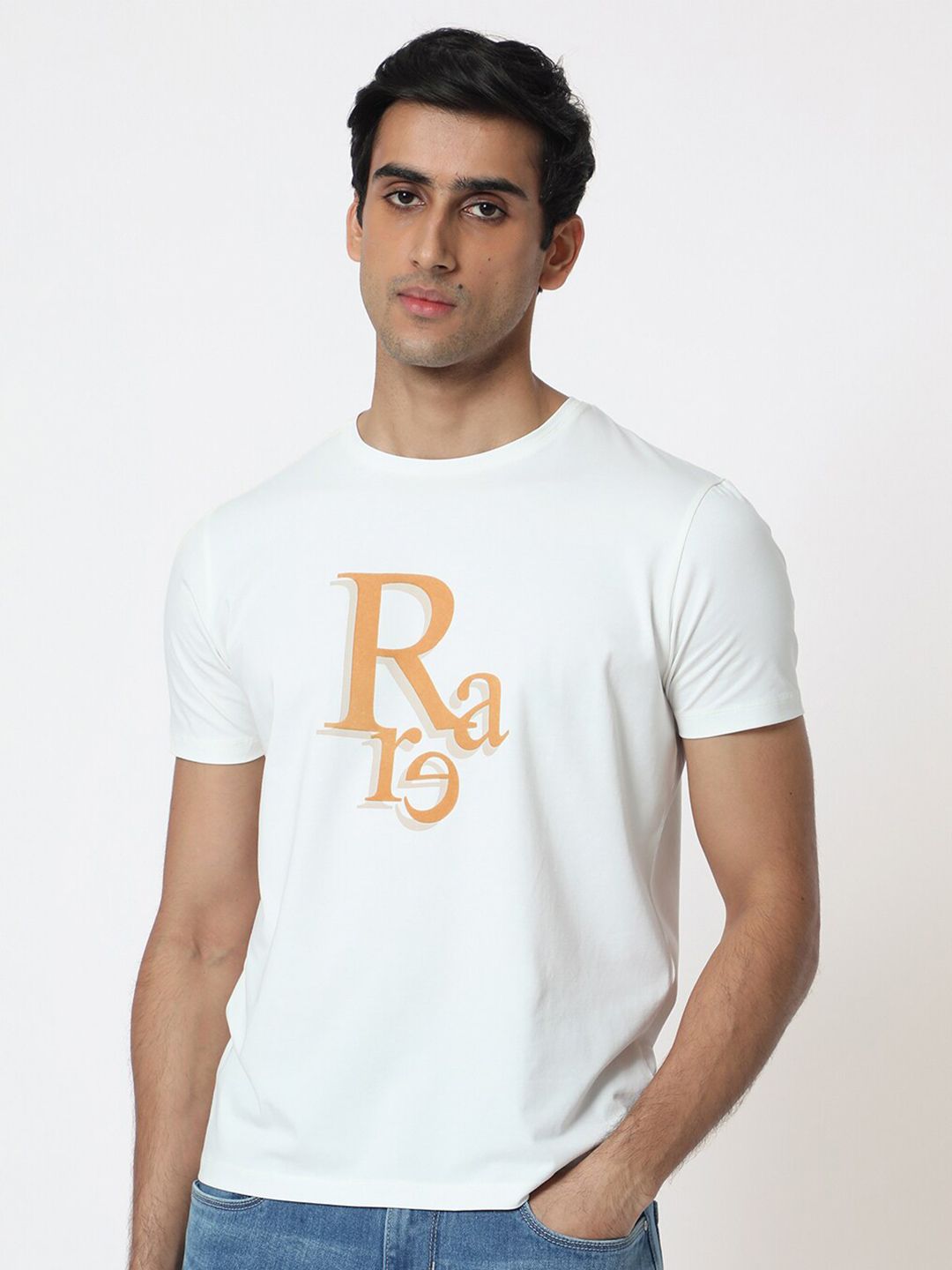 RARE RABBIT Men Cero Typography Printed Cotton Slim Fit T-Shirt
