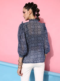 STREET 9 Women Blue & White Floral Sheer Printed Casual Shirt