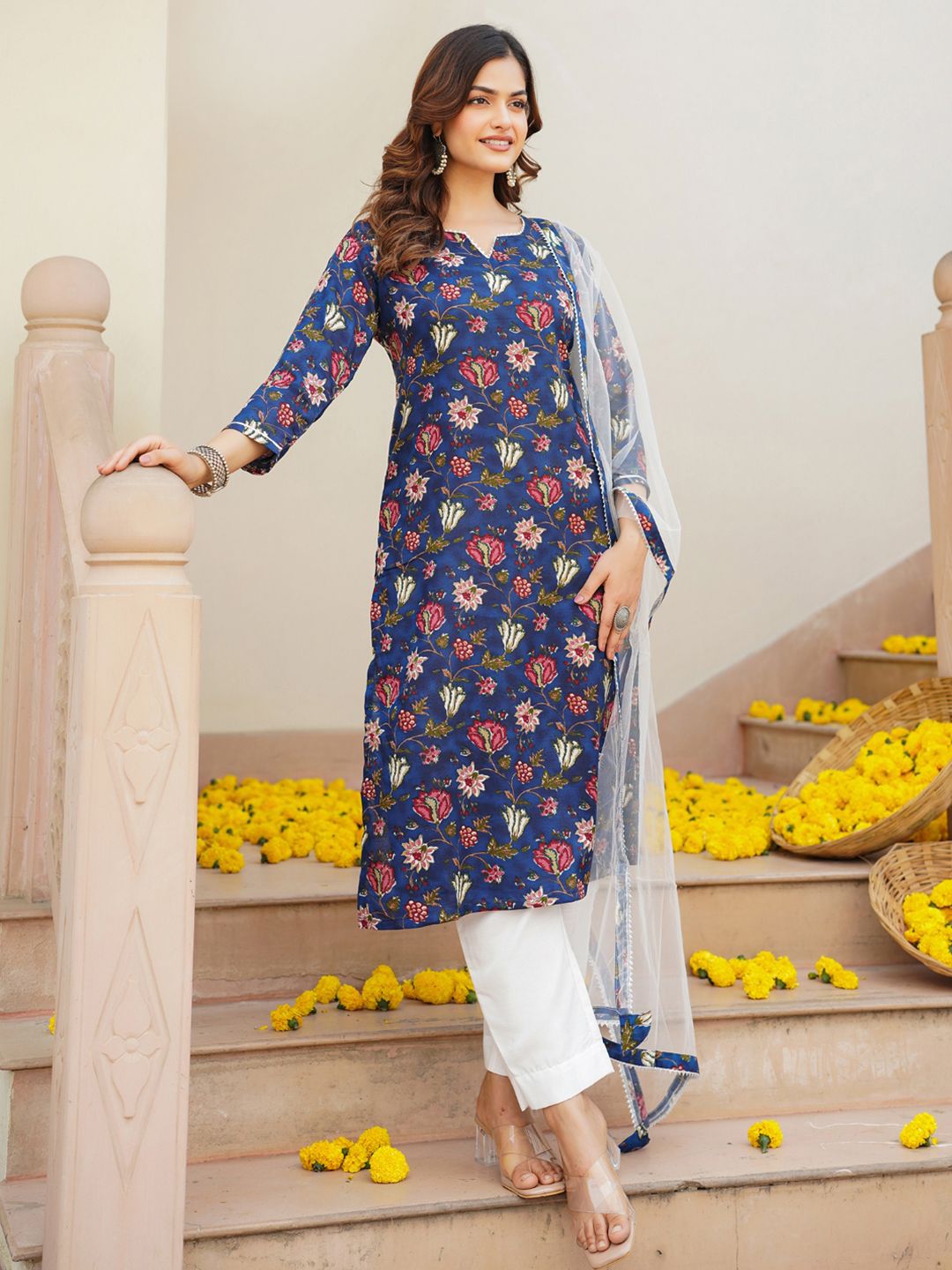 KALINI Floral Printed Gotta Patti Detail Straight Kurta & Trousers With Dupatta