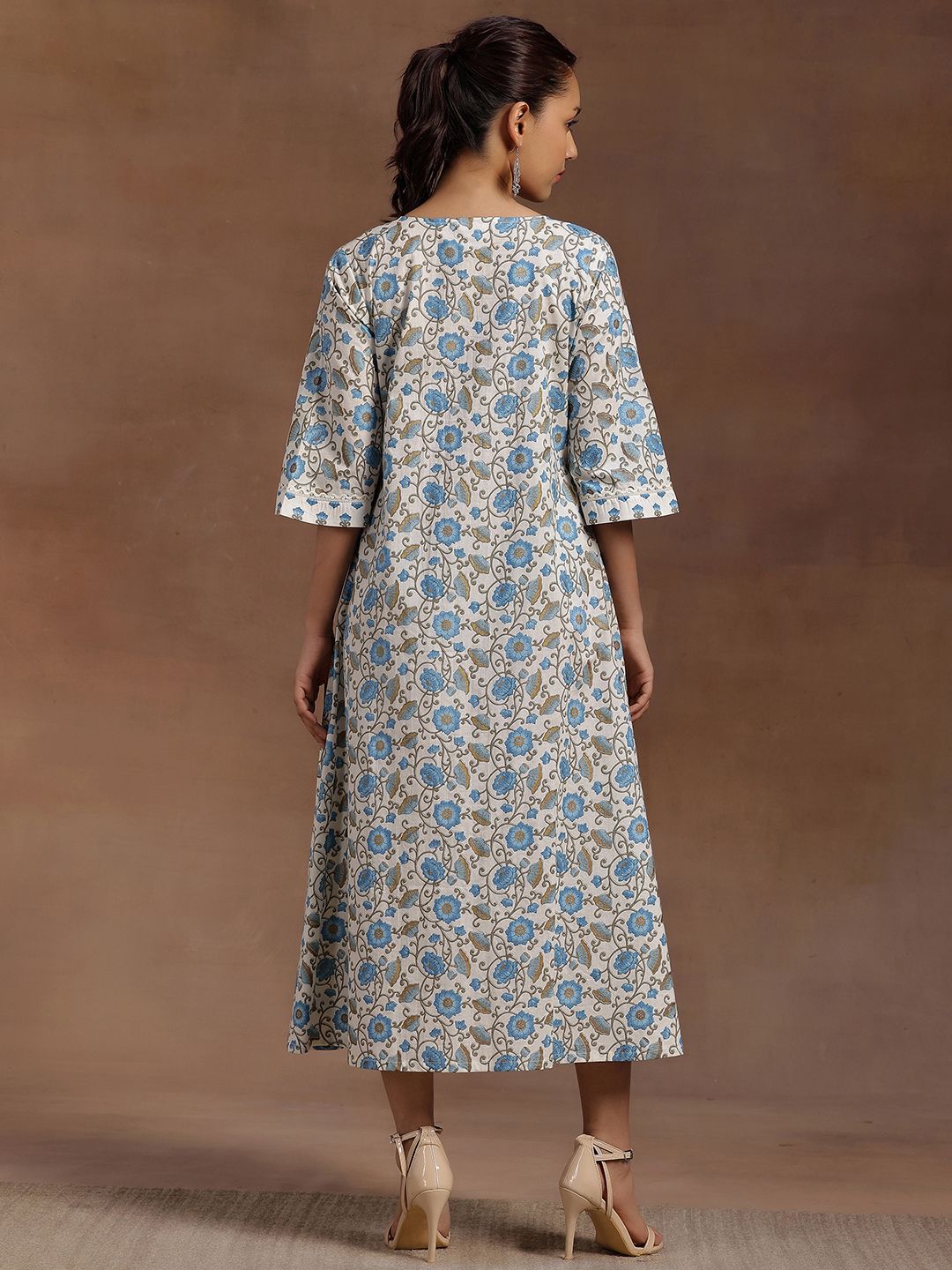 Libas Floral Print Flared Sleeve A-Line Midi Dress