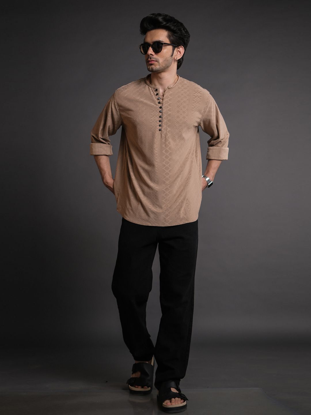 Powerlook Brown Self Design Half Placket Casual Shirt