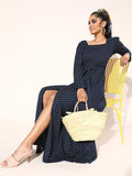 Berrylush Navy Blue & White Polka Dot Print Maxi Dress