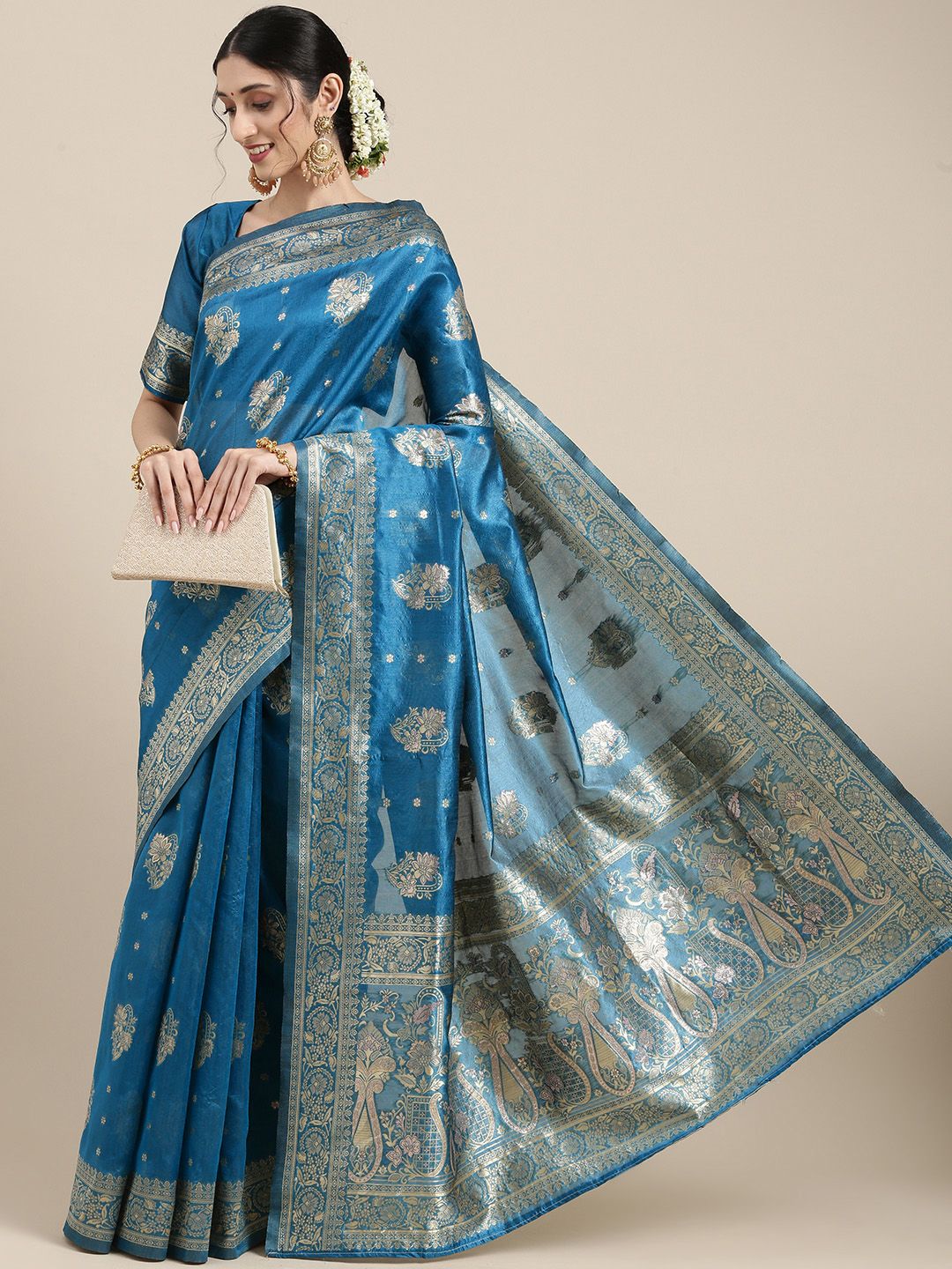 Saree mall Blue Floral Silk Blend Banarasi Sarees