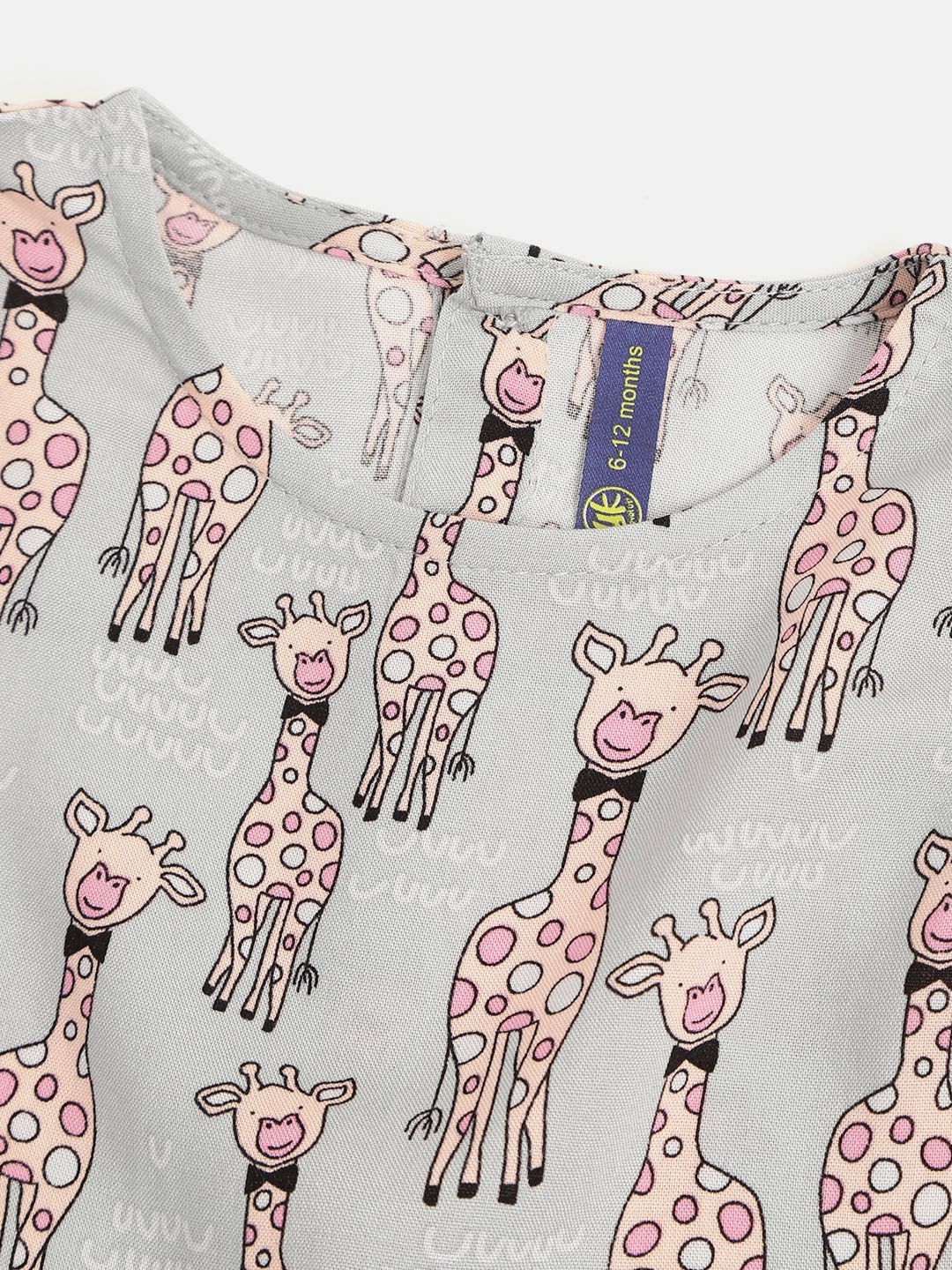 YK Infant Girls Grey & Peach-Coloured Giraffe Print Fit & Flare Dress