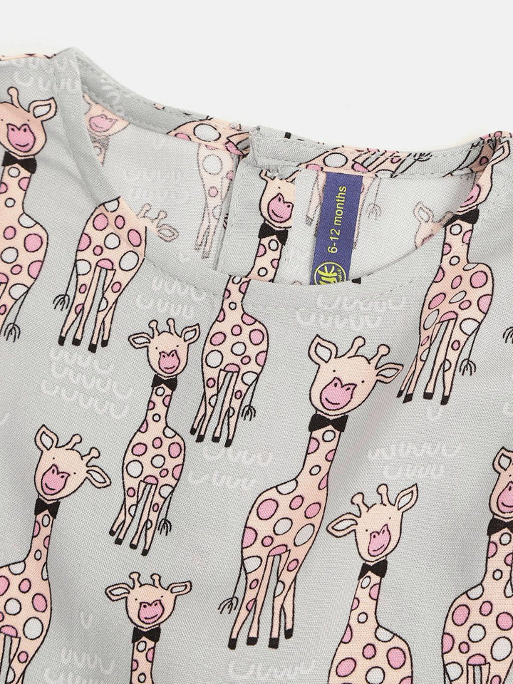 YK Infant Girls Grey & Peach-Coloured Giraffe Print Fit & Flare Dress