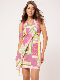 DressBerry Glam & Grit Ethnic Printed Sleeveless Layered & Pleated Wrap Mini Dress