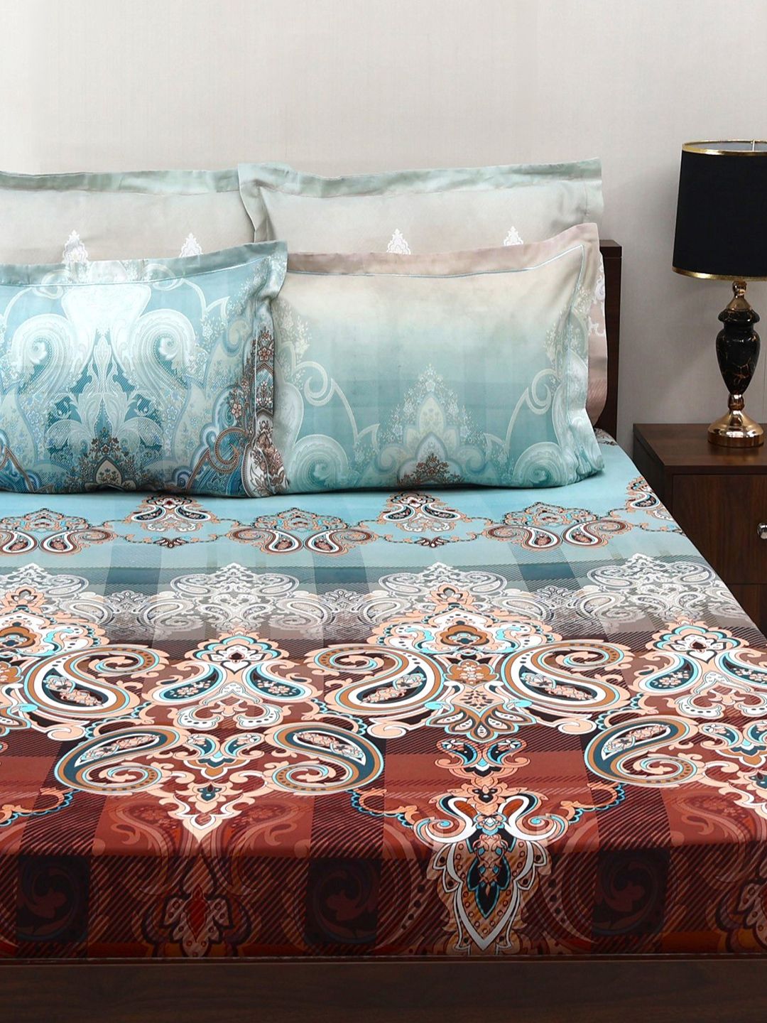 BOMBAY DYEING Ethnicity Turquoise Blue Printed Cotton 300TC King Bedsheet Set 2.74 x 2.74m