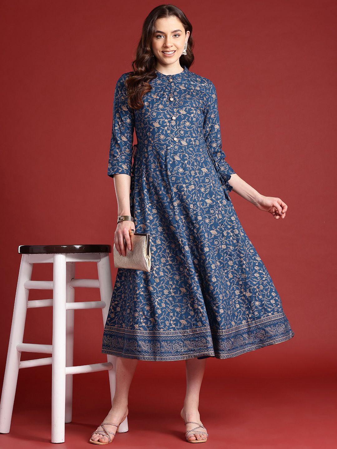 Anouk Tie-Up Tassels Detail Foil Print A-Line Midi Ethnic Dress