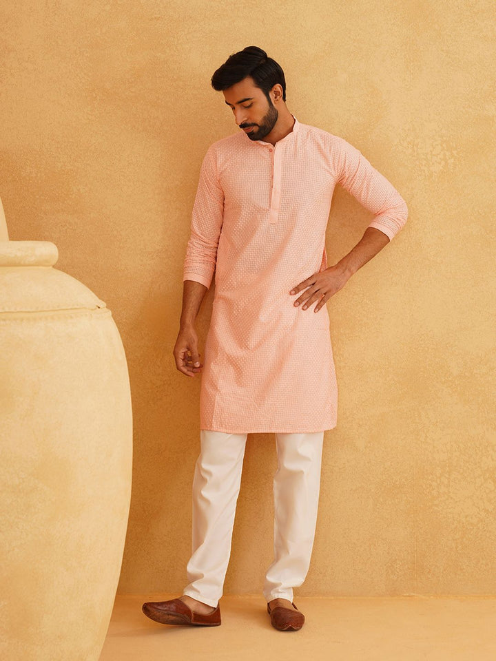 SOJANYA Checked Mandarin Collar Long Sleeves Thread Work Pure Cotton Kurta with Churidar