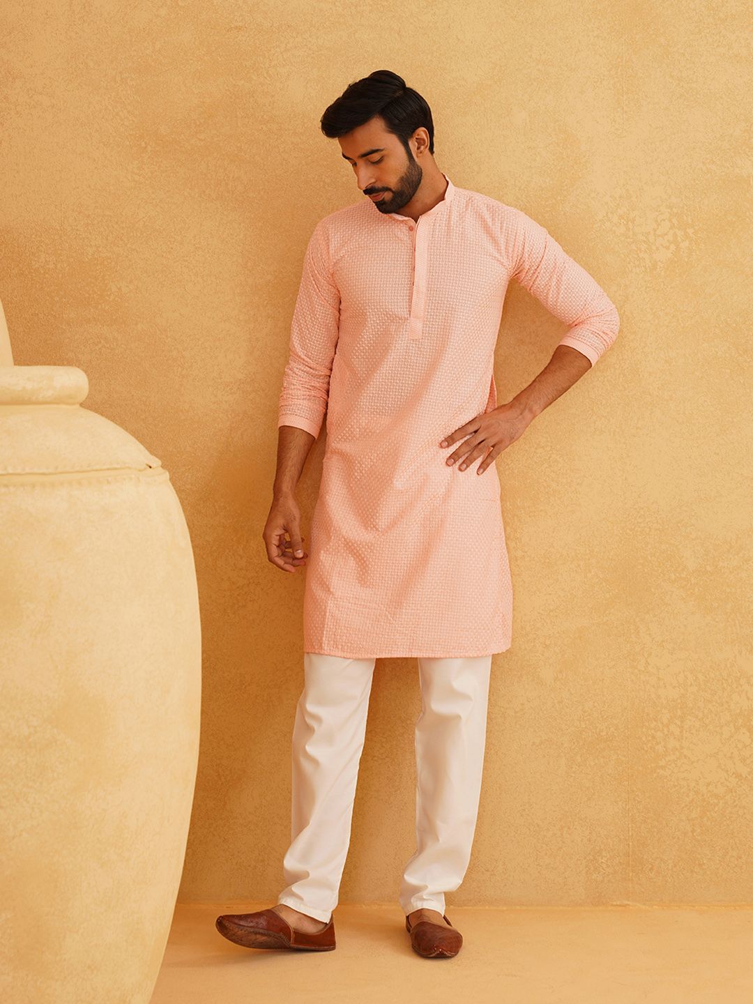 SOJANYA Checked Mandarin Collar Long Sleeves Thread Work Pure Cotton Kurta with Churidar