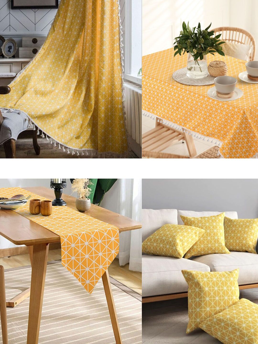 URBAN SPACE Yellow & White 4-Seater Geometric Printed Pure Cotton Square Table Cover