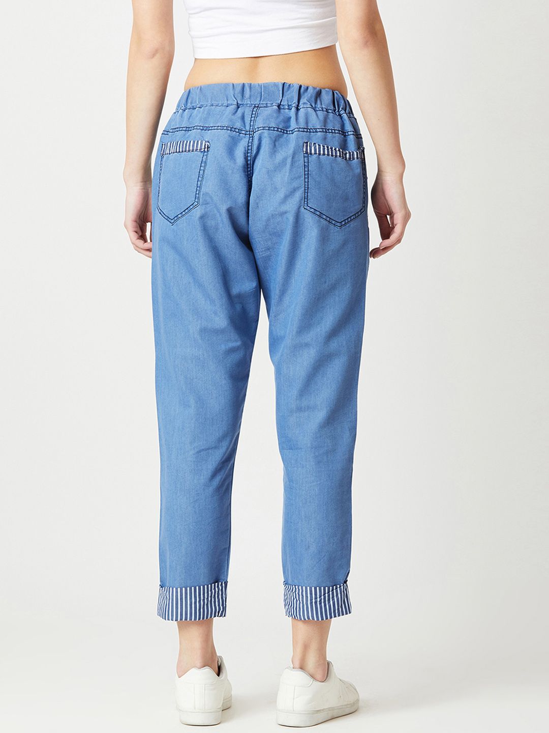 Miss Chase Women Lightweight Blue Regular Fit Striped Regular Trousers