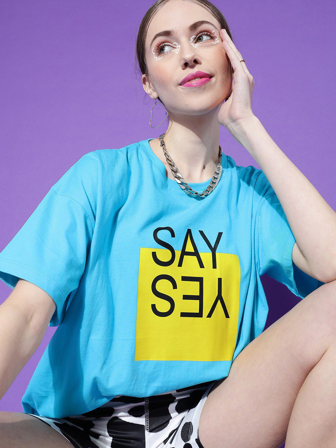 STREET 9 Women Turquoise Blue Printed Drop-Shoulder Pure Cotton T-shirt
