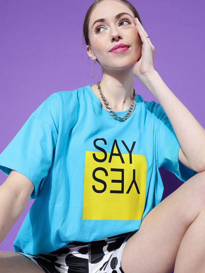 STREET 9 Women Turquoise Blue Printed Drop-Shoulder Pure Cotton T-shirt