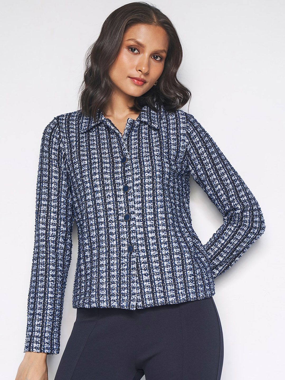 AND Self Design Spread Collar Long Sleeves Crop Tailored Jacket