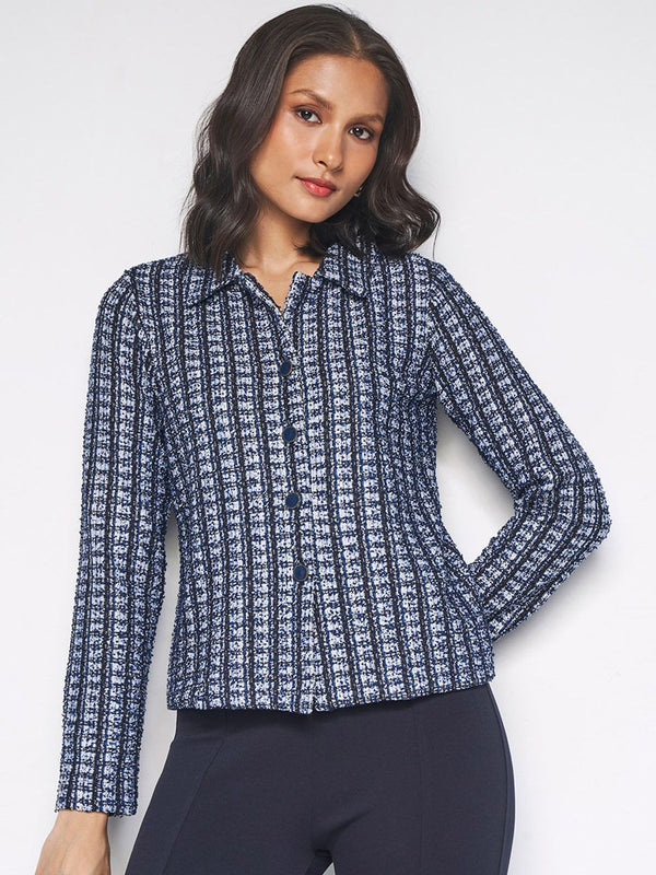 AND Self Design Spread Collar Long Sleeves Crop Tailored Jacket