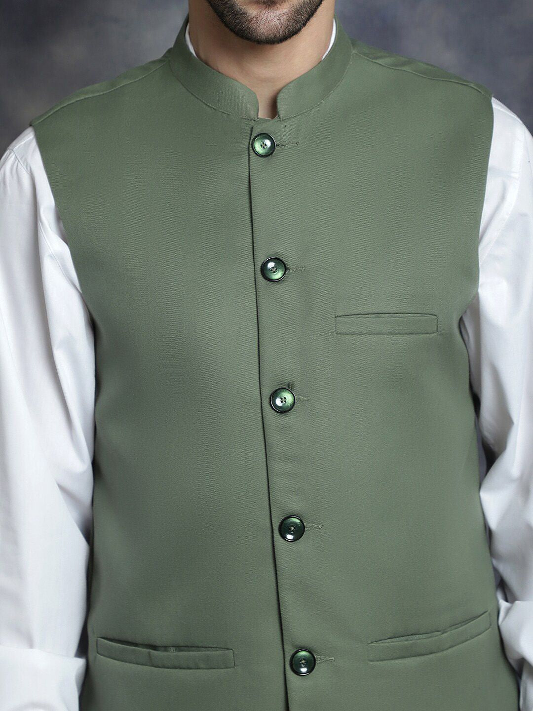 Anouk Green Mandarin Collar Woven Nehru Jacket