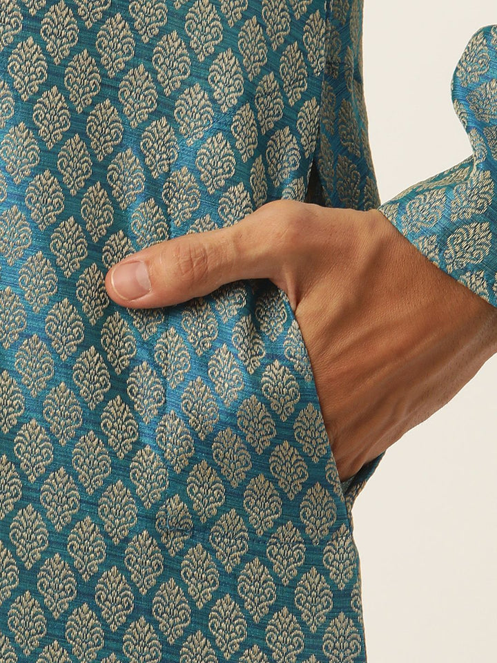 SOJANYA Kurta Design Off-Woven Lelaki Teal Biru & Putih dengan Piyama & Jaket Nehru