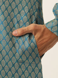 SOJANYA Kurta Design Off-Woven Lelaki Teal Biru & Putih dengan Piyama & Jaket Nehru