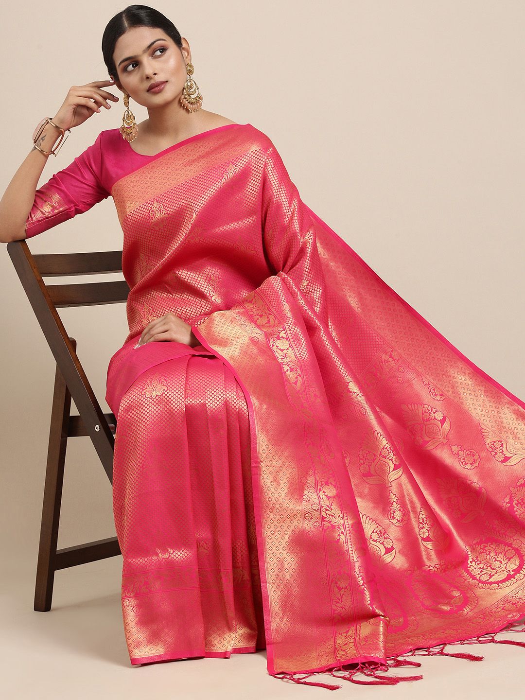 Saree mall Pink Ethnic Motifs Zari Silk Blend Banarasi Sarees
