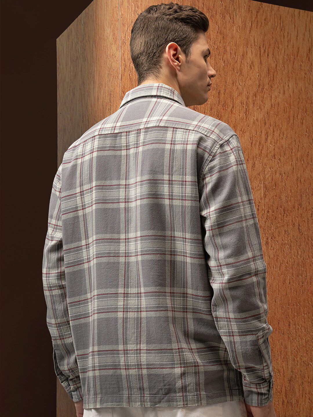 Locomotive Premium Men Grey Oversized Dobby Textured Checked Utility Pocket Overshirt