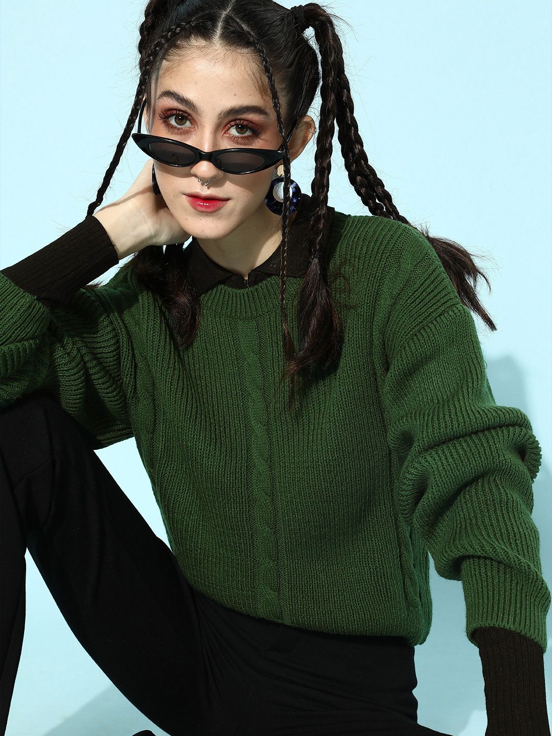 STREET 9 Women Green Acrylic Ribbed Pullover