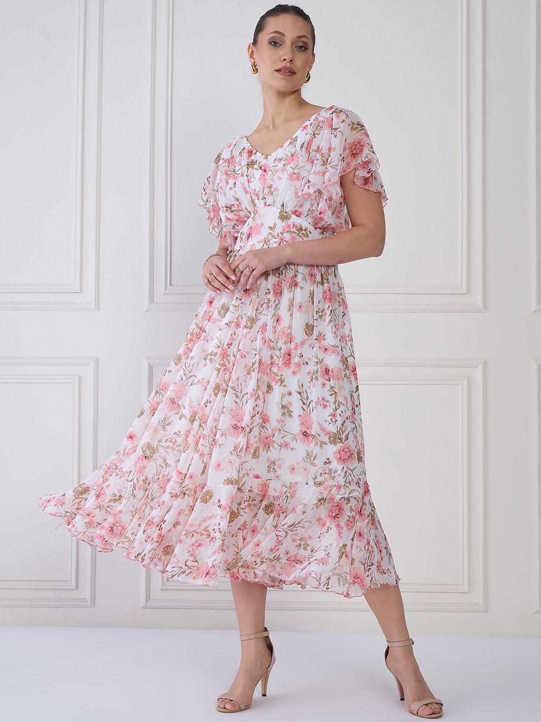 Antheaa Women Floral Print Flared Sleeve Layered Fit & Flare Midi Dress