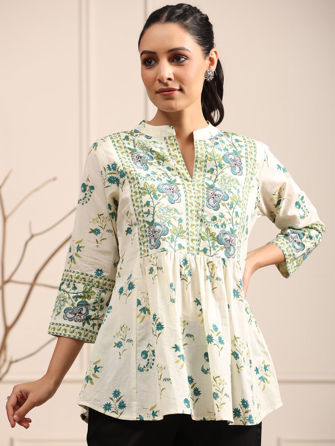 Rain & Rainbow Floral Printed Mandarin Collar Pure Cotton A-Line kurti