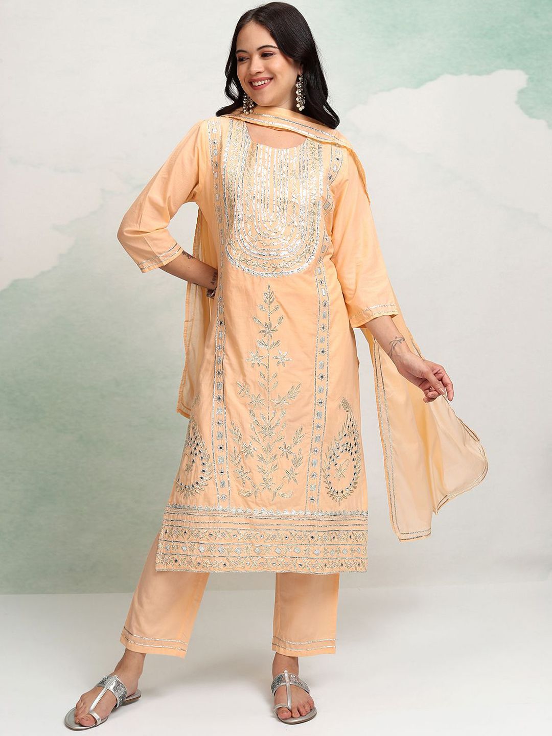 Vishudh Peach Coloured Embroidered Pure Cotton Straight Kurta with Trousers & With Dupatta