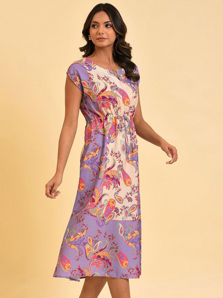 W Purple Ethnic Motifs Printed Tie Up Ruched A-Line Midi Dress