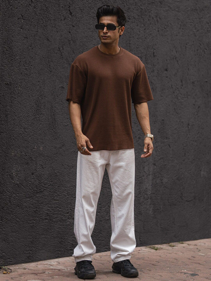 Powerlook Self Design Round Neck Drop-Shoulder Sleeves Oversized T-shirt