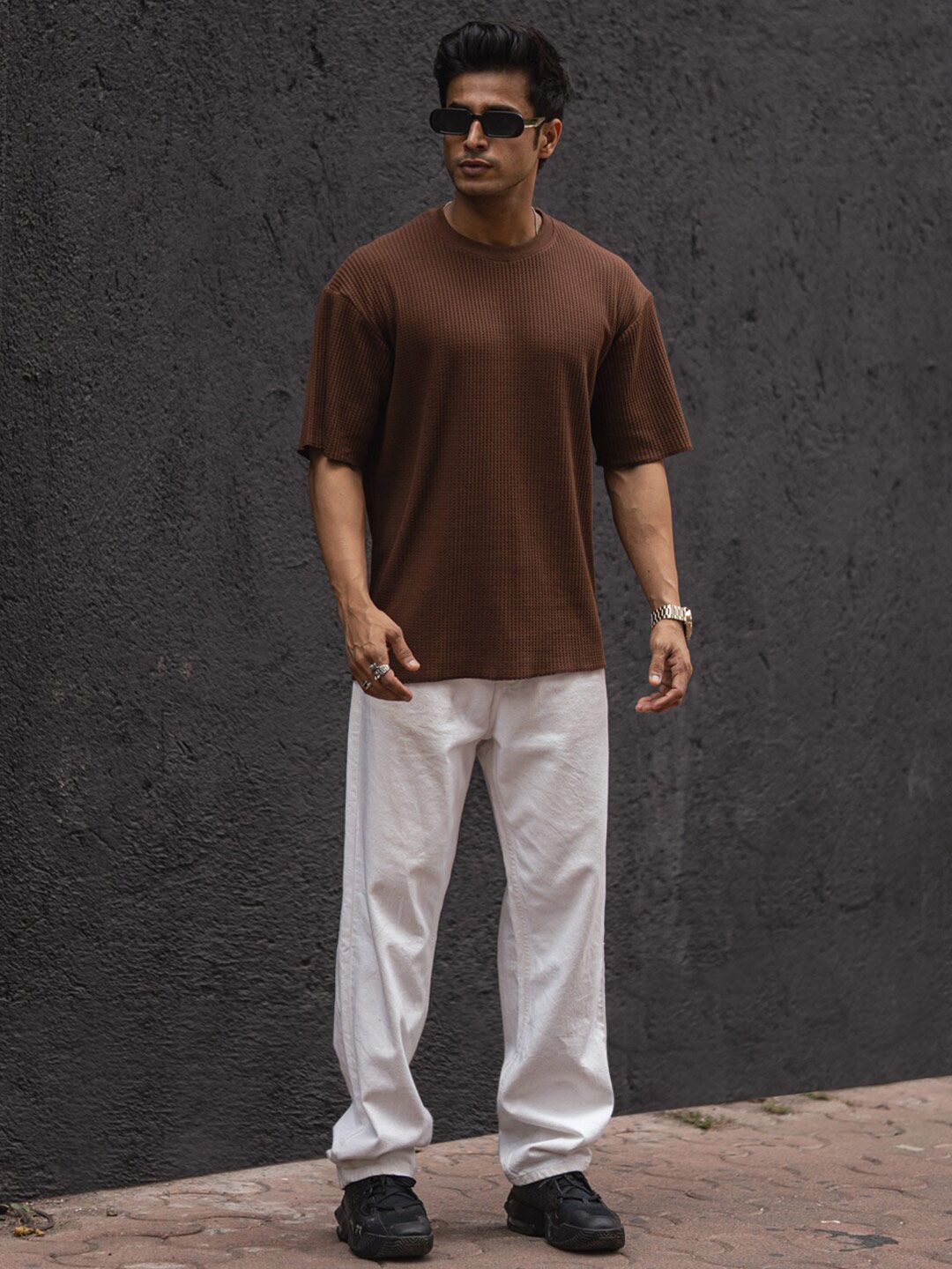 Powerlook Self Design Round Neck Drop-Shoulder Sleeves Oversized T-shirt