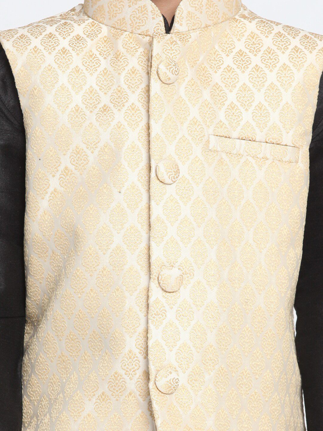 VASTRAMAY Boys Cream & Gold-Coloured Woven-Design Banarasi Brocade Slim-Fit Nehru Jacket