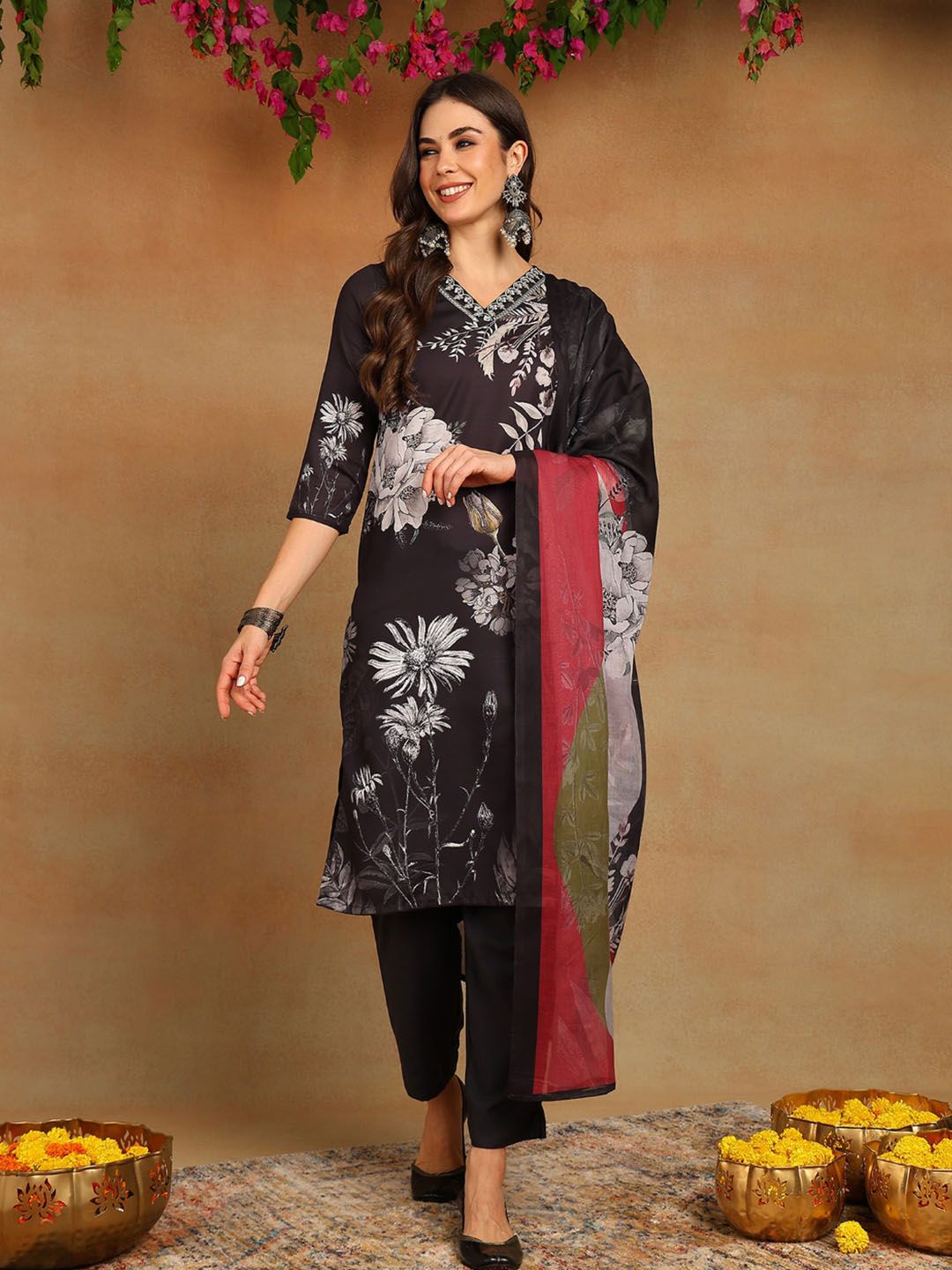 KALINI Women Floral Printed Regular Sequinned Kurta with Trousers & With Dupatta