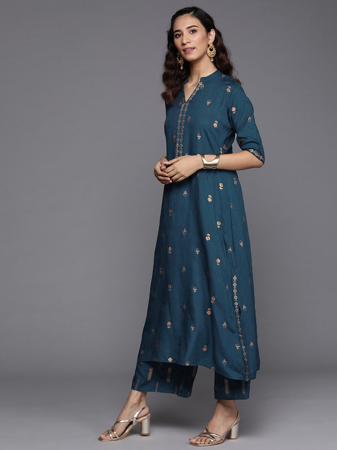 Libas Women Teal Blue & Golden Printed Kurta with Palazzos & Dupatta